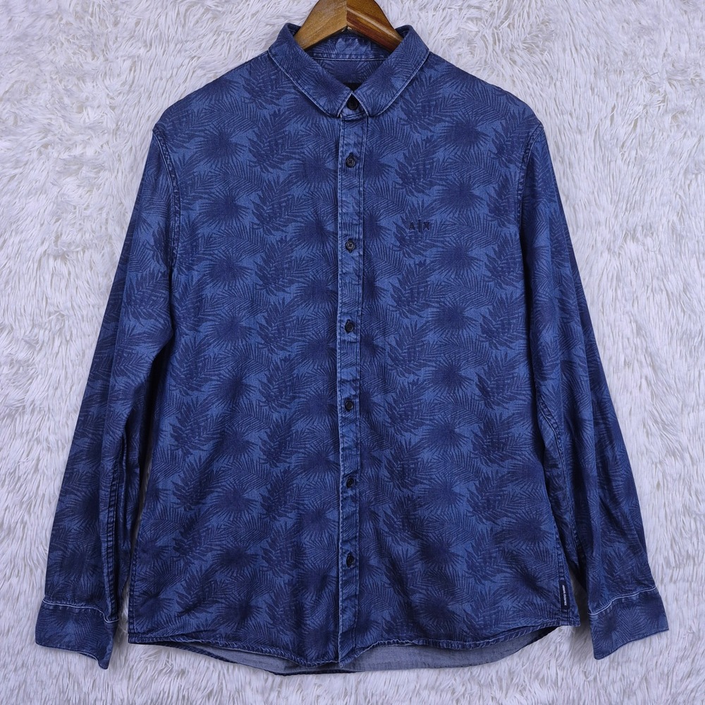 Armani Exchange Mens L Blue Tropical Palm Print Cotton Denim Button Down Shirt